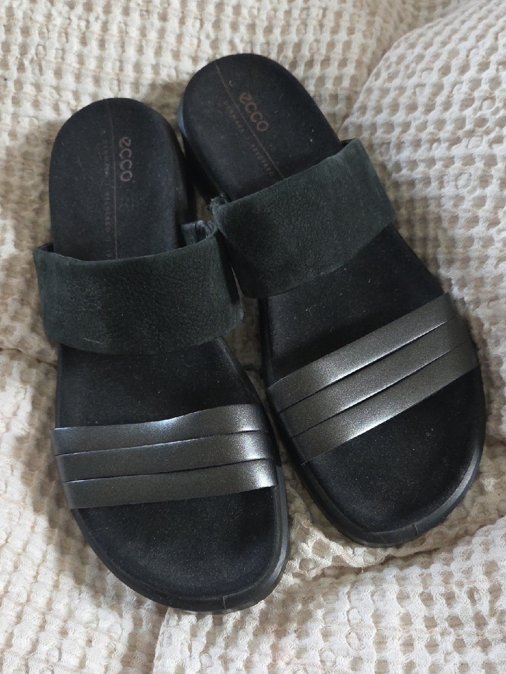 Ecco Flote Black Leather Slides Sandals - Picture 2 of 8